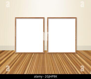 Two vertical wooden frame mockup. Two mock up poster on wooden floor. 3d illustrations. Stock Photo