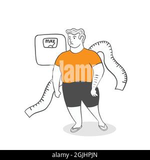 fat man with scale and measurement line illustration with hand drawn sketch doodle style vector illustration Stock Photo