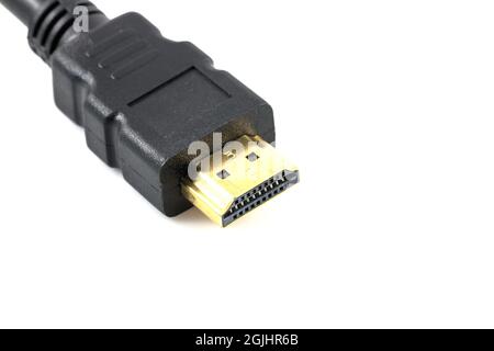 Close up of Gold HDMI cable isolated on white background Stock Photo