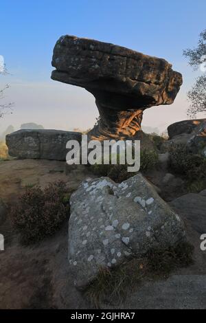 Rock formation known as the Druid's Writing Desk, at Brimham Rocks in Nidderdale, North Yorkshire, UK Stock Photo