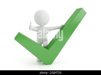 3d small person with big positive symbol in hands. 3d image. White background. Stock Photo