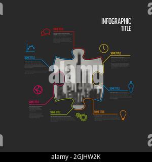 Vector dark puzzle Infographic report template made from lines and icons in the shape of puzzle piece with big photo placeholder in the middle. Puzzle Stock Vector