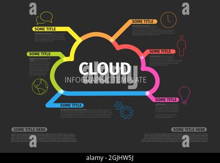 Vector dark Infographic report template made from thick color lines and icons with cloud storage. Cloud illustration infograph template layout on blac Stock Vector