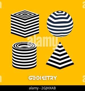 Optical illusion geometric figures on yellow background vector set. Pyramid striped. Cylinder and Cube optical abstract black and white lines design. Stock Vector