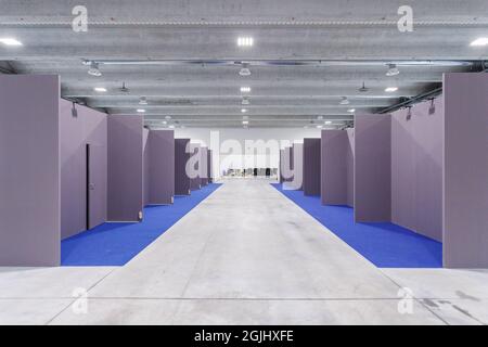 View of the Volvo Congress Center vaccination area during the preparation phase on 30 December 2020 in Bologna, Italy. Stock Photo