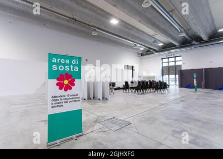 View of the Volvo Congress Center vaccination area during the preparation phase on 30 December 2020 in Bologna, Italy. Stock Photo