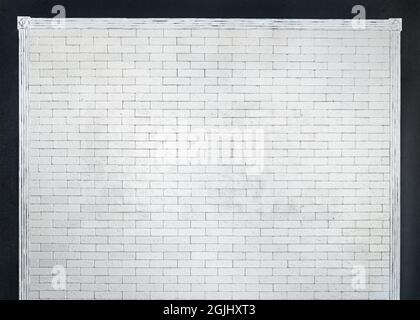 White brick wall framed by baguette. Seamless background and texture. Perimeter black wall. Stock Photo