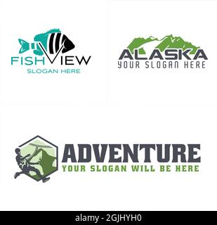 Game recreational adventure climbing hill fish logo design Stock Vector