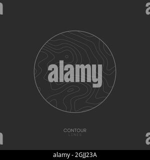 Topographic map circle logo concept on dark background. Topo map elevation lines. Contour vector abstract vector illustration. Stock Vector