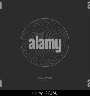 Topographic map circle logo concept on dark background. Topo map elevation lines. Contour vector abstract vector illustration. Stock Vector