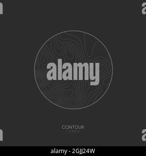 Topographic map circle logo concept on dark background. Topo map elevation lines. Contour vector abstract vector illustration. Stock Vector