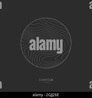 Topographic map circle logo concept on dark background. Topo map elevation lines. Contour vector abstract vector illustration. Stock Vector