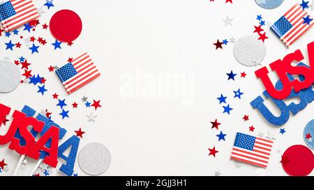 USA holiday decorations frame on white background flat lay. Independence Day, American Labor day, US Memorial Day, Columbus day banner design. Stock Photo