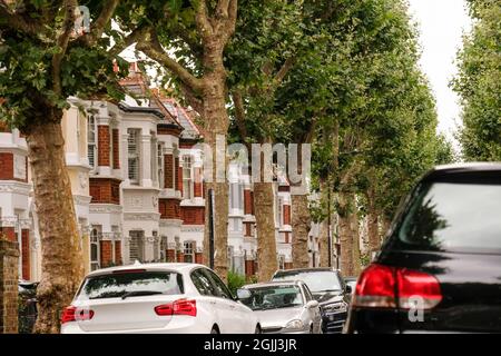 London- September 2021: Row of upmarket terraces houses in Fulham area of west London Stock Photo