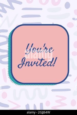 Composition of you're invited text on pink tablet over grey patterns on pink background Stock Photo