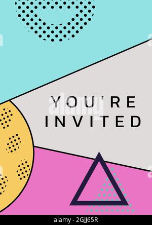 Composition of you're invited text with geometric patterns on blue, grey and pink background Stock Photo