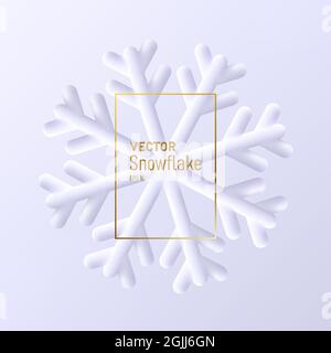 Modern winter holiday poster with big 3d snowflake in render style with golden frame and typography for Christmas and New Year, soft light style Stock Vector