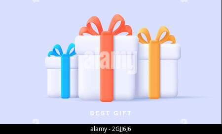 3d illustration of white render style gift boxes with bright colored ribbons with bows, pile of three boxes Stock Vector