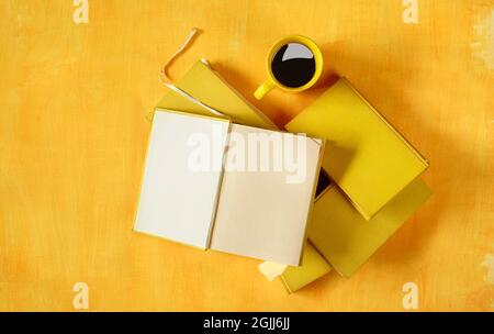 open book with blank pages on a heap of books,.Reading,literature,education,library,home office concept, copy space Stock Photo