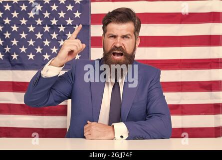 Elections and debates. Every vote matters. National holidays. Celebration of victory. Bearded hipster man being patriotic for usa. American reform Stock Photo