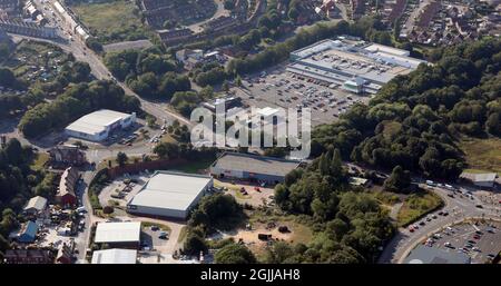 aerial view of Asda Barnsley Superstore and petrol filling station Stock Photo