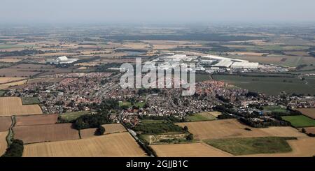 aerial view from the west of Sherburn-in-Elmet village with Sherburn Airfield, the industrial estate and Moor Lane Trading Estate in the distance Stock Photo
