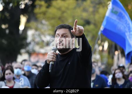 BUENOS AIRES, ARGENTINA - Aug 22, 2021: Argentinian politician Leandro Santoro speaking at the legislative elections campaign in Buenos Aires Stock Photo