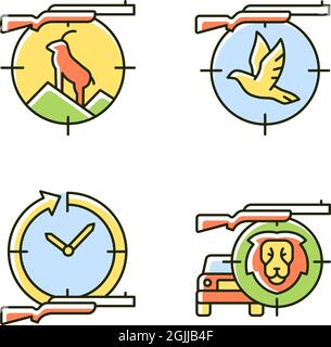 Hunting types RGB color icons set Stock Vector