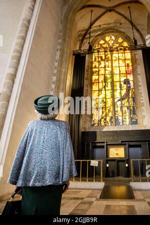 Princess Beatrix unveils the Peace and Reconciliation stained glass window in the Laurenskerk Rotterdam, Netherlands on September 10, 2021. Photo by Robin Utrecht/ABACAPRESS.COM Stock Photo