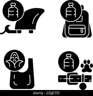Products from recycled plastics black glyph icons set on white space Stock Vector
