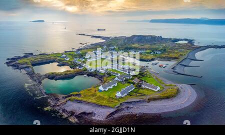 Drone view of flooded slate quarries on Easdale Island on one of the slate islands, Argyll and Bute, Scotland, UK Stock Photo