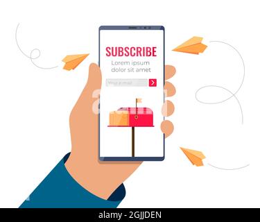 Hand holding smartphone with email subscription form on screen. Mobile subscribe on newsletter or online service. Paper planes with message, mail and news fly to phone. Vector eps illustration Stock Vector