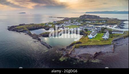 Drone view of flooded slate quarries on Easdale Island on one of the slate islands, Argyll and Bute, Scotland, UK Stock Photo