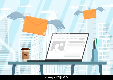 Laptop with news on desktop in modern office. Envelopes with wings flying. Receiving news, message, mail and notification concept. Vector eps illustration Stock Vector