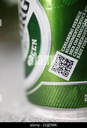 A QR code on a beer can from Tuborg. Stock Photo