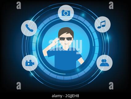 Smart glasses technology on futurist background. Man wearing eyeglasses for taking picture, phone call, video recording, music listening and social me Stock Vector