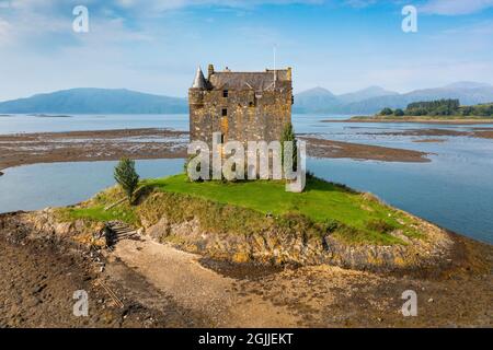 Aerial view from drone of Castle Stalker, on Loch Laich in Lynn of Lorn National Scenic Area Argyll and Bute, Scotland, UK Stock Photo