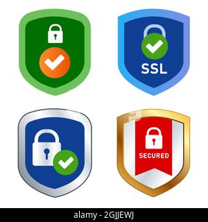 shield icon emblem SSL security secured web transaction encrypted symbol stamp cyber pad lock check tick Stock Vector