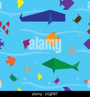 Seamless sea life animal pattern. Repeat underwater background. Origami paper craft style. Vector and illustration design. Stock Vector