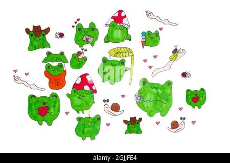 Drawing of cheerful frogs.Children's drawing of multicolored frogs on a white background isolade. Stock Photo