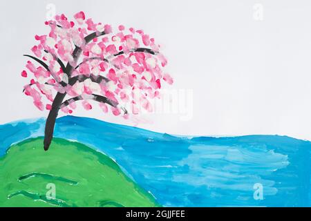 Child's drawing of sakura on the river bank. Spring landscape with a flowering tree and a lake in an abstract. Watercolor painting. Stock Photo