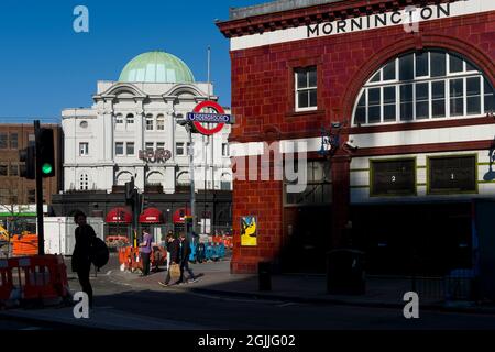 Mornington Crescent, Underground Station, Hampstead Road with the Koko nightclub in the background. Camden, London, UK.  18 Apr 2015 Stock Photo