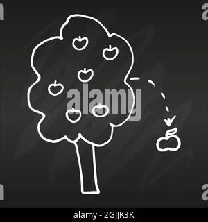Falling apple theory icon on black chalkboard Concept drawing in modern style. One stroke style Simple flat vector illustration Stock Vector