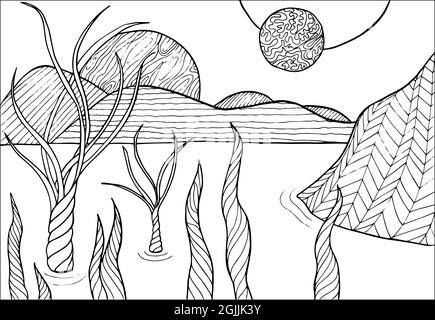 Doodle alien fantasy water landscape with big mushrooms coloring page for adults. Fantastic psychedelic graphic artwork. Vector hand drawn simple flat Stock Vector
