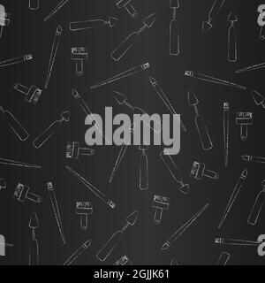 Brushes and palette knife seamless pattern, vertical rows of silhouettes of artist drawing tools on black chalkboard background Simple flat vector ill Stock Vector