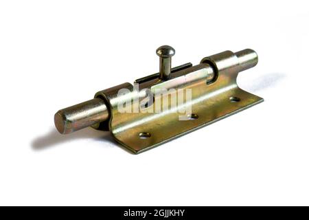 Yellow metal door latch isolated on white background close up front view Stock Photo
