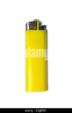 Bright yellow cigarette lighter isolated on white background, with clipping path. Design element. Stock Photo