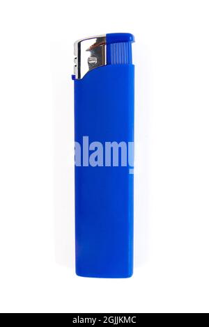 Bright blue cigarette lighter isolated on white background, with clipping path. Design element. Stock Photo