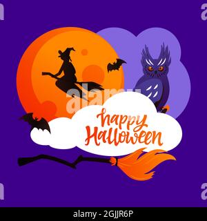 Happy Halloween - modern cartoon style colored illustration. Silhouette of a witch flying on a broomstick against the background of the moon. Scary ow Stock Vector