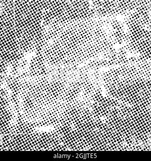 Halftone dots cracked grunge wall background. Trendy distress design element. Monochrome surface with dirty pattern in cracks, spots, dots Stock Vector